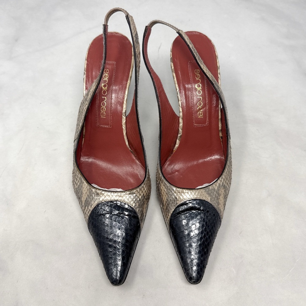 Sergio Rossi Vintage Y2K Pearlescent Snakeskin Pointed Toe Slingback Kitten Heel